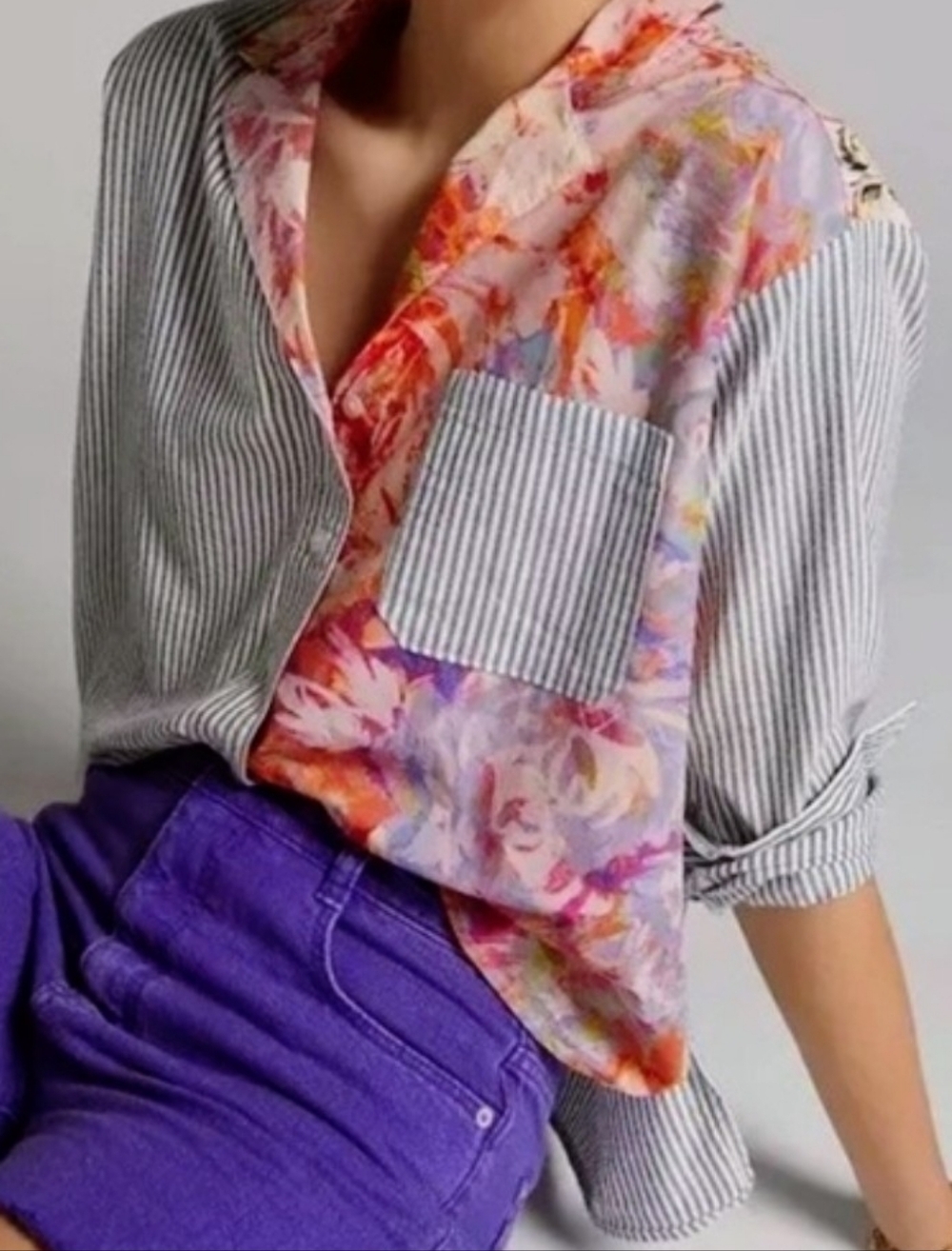 Maeve by anthropologie Womens Size 4p Mixed Print Floral Striped Boho Button Top